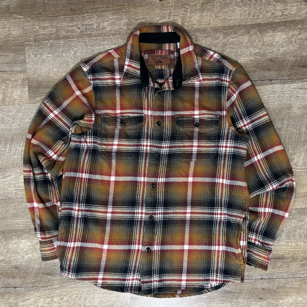 Orvis Shirt Plaid Flannel Men's S Brown Red Black Button Front Pockets Shacket